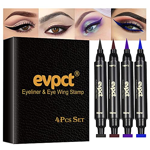 evpct Winged Wing Colored Eyeliners Stamps Wingliner Liquid Set Eye Liners for Women, 4 Colors Black Brown Purple Blue Cat Eye Stamp Liquid Eyeliner Colorful Set Waterproof Multicolor Smudge Proof 01