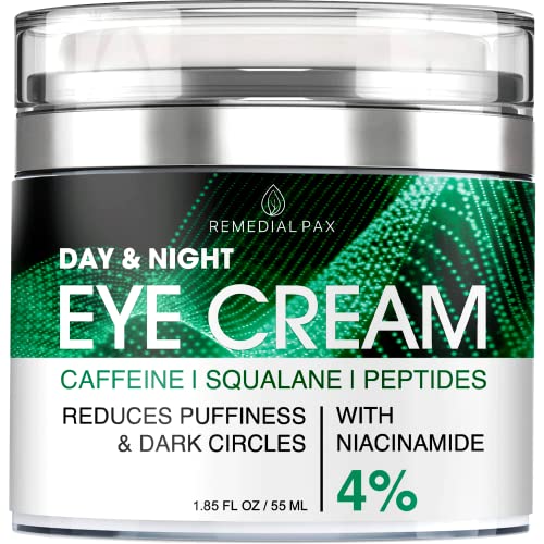 Eye Cream for Dark Circles Wrinkles Puffiness and Bags Under Eyes, Anti-Aging Collagen Eye Cream, Day and Night Formula with Caffeine Niacinamide Dimethicone, Made in USA