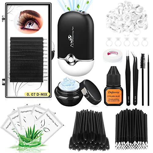 Eyelash Extension Kit Lash Extensions Supplies for Beginners with Individual Lash 0.07D Curl Mix 8-15mm, Lash Extension Glue, Eyelash Remover, USB Lash Fan, Tweezers, Eye Gel Pads, Micro Brushes, Mascara Brushes