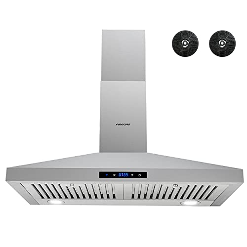 FIREGAS Range Hood 30 inch,Wall Mount Range Hood in Stainless Steel With Ducted/Ductless Convertible,Stove Vent Hood with Permanent Filters,3 Speed Exhaust Fan,LED Lights,Touch Control