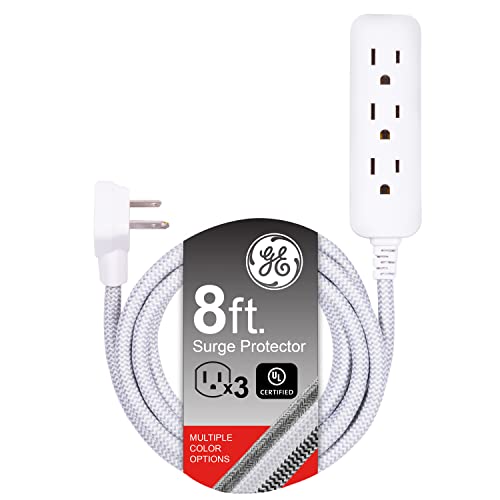 GE Pro 3-Outlet Power Strip with Surge Protection, 8 Ft Designer Braided Extension Cord, Grounded, Flat Plug, 250 Joules, Warranty, UL Listed, Gray/White, 38433