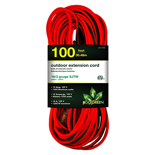 GoGreen Power (GG-13700) 16/3 100’ SJTW Outdoor Extension Cord, Lighted End, 100 Ft