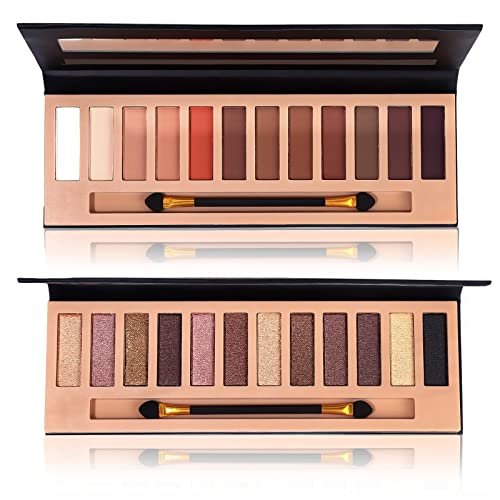 Hegafoo 2Pcs Pro 12 Colors Eyeshadow Makeup Palette - Matte Shimmer Pigmented Blendable Diamond Nude Natural Eye Shadow Pallet Kit with Brush(AB)