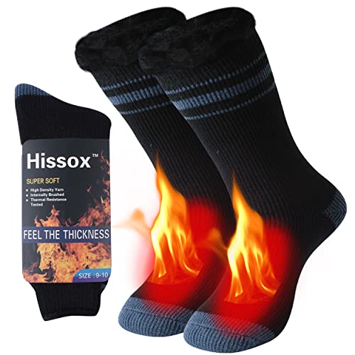 Hissox Hiking Warm Winter Socks, Fleece Line Thermal Socks for Women Extreme Cold weather, Warm Boot Fleeze Socks Heavy Fuzzy Sleeping Socks 1 Pair Black and Grey Women Size 9-10