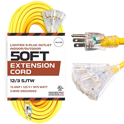 Iron Forge Cable 50 Foot Lighted Outdoor Extension Cord with 3 Electrical Power Outlets - 12/3 SJTW Heavy Duty Yellow Extension Cable with 3 Prong Grounded Plug for Safety, 15 AMP