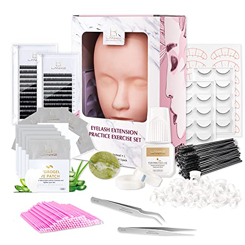 LANKIZ Eyelash Extension Kit with Mannequin Head Practice Exercise Set Training Lash Extension Supplies for Beginners Include Individual Lashes Glue Tweezers and Training Lashes