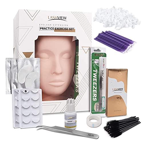 LASHVIEW Eyelash Extension Kit,with Mannequin Head,Lash Extension Supplies for Beginners,Professional Eyelash Extension Kit with Mink Individual Eye Lashes Glue Tweezers Tools