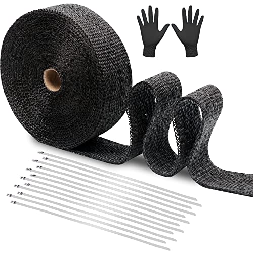 Motorcycle Exhaust Heat Wrap,2" x 32.8' Heat Preservation Anti-Scalding Flame-Retardant Black Glass Fiber Cloth Belt, Automobile Exhaust Heat Strap Roll, With 12 Stainless Steel Cable Ties + Gloves