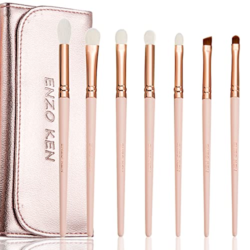 Natural Goat Hair Eyeshadow Makeup Brush Set by Luxury ENZO KEN, Real Hair Eye Shadow Brushes with Case for Around Eye Blending, Smoky Eyes, Sexy Cat Eyes, Pro Precision Fine Angled Winged Eyeliner & Eyebrow Makeup, Nose Contour, Dark Circles Puffiness, Face Eyebrow Puffy Eyes (E400-Pink)