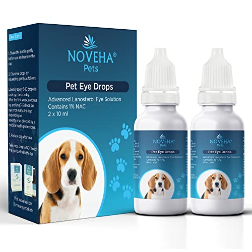 NOVEHA Cataract Drops for Pets | Advanced Lanosterol Solution + NAC | Therapeutic Eye Lubricating Drop for Dog & Cats | Improve Vision Clarity, Health & Dryness, Pink Relief in Animals (2 x 10 mL)