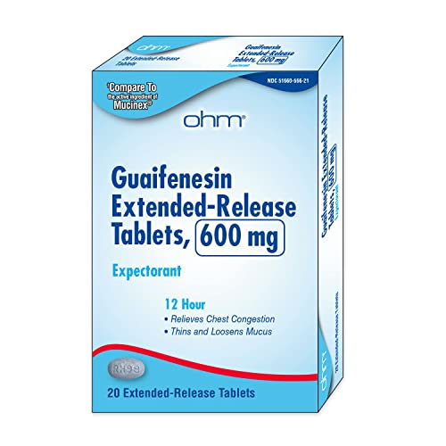Ohm Guaifenesin Chest Congestion and Mucus Relief Extended-Release Tablets 600 mg 12-Hour Expectorant Caplet 20 Count