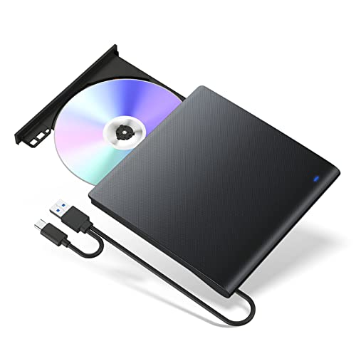 OOCLCURFUL External CD/DVD Drive for Laptop, USB 3.0 Type-C Portable CD/DVD Optical Drive Player Reader Writer CD Burner, Compatible with Laptop Desktop PC MacBook Mac Windows Linux OS (Jet Black)