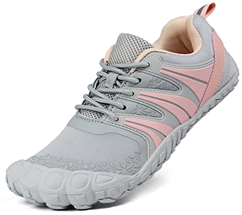 Oranginer Barefoot Zero Drop Shoe for Women Flat Minimalist Workout Shoe Trail Running Wide Toe Box Five Finger Sneaker Squatting Strength Cross Training Shoe Gray Pink Size 6.5