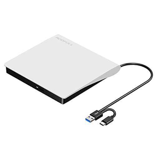 ROOFULL External CD/DVD Drive USB 3.0 & USB-C, Premium Portable CD DVD ROM +/- RW Optical Drive Player Reader Writer Burner for Mac MacBook Pro/Air, iMac, Windows 11/10/8/7 Laptop Desktop PC, White