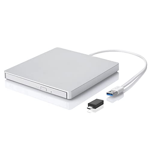 ROOFULL External CD/DVD +/-RW Drive USB 3.0 Type-C Premium Portable DVD CD ROM Player Reader Writer Burner Optical Drive for Apple Mac MacBook Pro/ Air, Windows 11/10/8/7 Laptop Computer, Silver