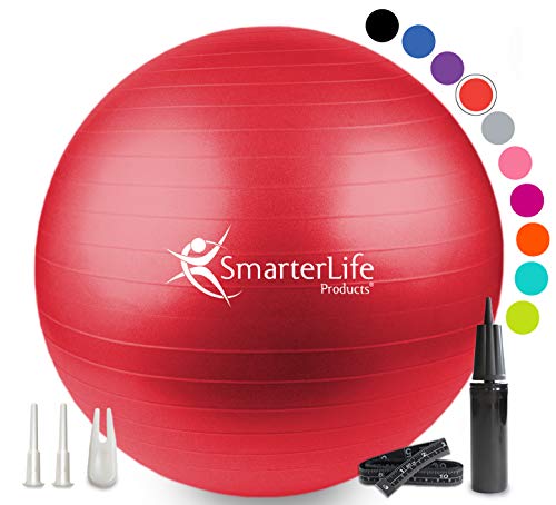 SmarterLife Workout Exercise Ball for Fitness, Yoga, Balance, Stability, or Birthing, Great as Yoga Ball Chair for Office or Exercise Gym Equipment for Home, Premium Non-Slip Design (45 cm, Red)