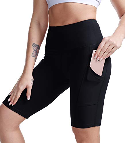 TYUIO High Waist Workout Yoga Shorts Women Running Biker Shorts with Pockets Black L