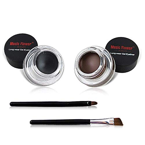 UCANBE 2 in 1 Black and Brown Gel Eyeliner Set Water Proof Smudge Proof, Last for All Day Long, Work Great with Eyebrow, 2 Pcs Eye Makeup Brushes Included