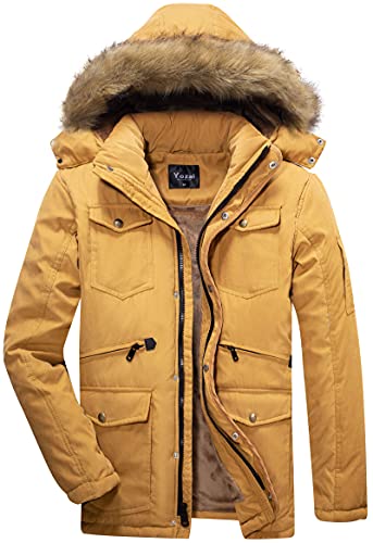 Yozai Men's Winter Coats, Warm Fleece Winter Jackets for Mens Ski Snow Jacket Snowboard Waterproof Jacket Mountain Windbreaker Detachable Hooded Parka Yellow X-Large