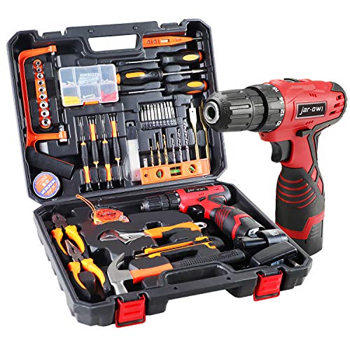 108 Piece Power Tool Combo Kits with 16.8V Cordless Drill, Household Tools Set with DIY Hand Tool Kits for Professional Garden Office Home Repair Maintain-Black/Red