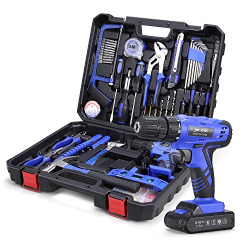 112 Piece Power Tool Combo Kits with 21V Cordless Drill, Professional Household Home Tool Kit Set with DIY Hand Tool Kits for Garden Office House Repair Maintain-Blue