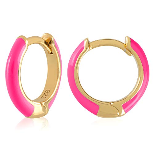 14K Gold Plated Sterling Silver Enamel Color Huggie Hoop Earrings for Women – Neon Pink Enamel