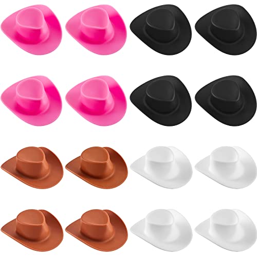 20 Pieces Plastic Mini Western Cowboy Cowgirl Hat Miniature Cute Doll Hat Party Dress Hat for Dollhouse Decoration(Pink, White, Brown, Black)