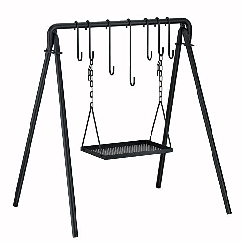 38" Grill Swing Large Campfire Grill Stand w/6 Hooks Cast Iron BBQ Grill Campfire Cooking Stand Cookware Hanging Rack Outdoor Picnic Camping Bonfire Party Barbecue Set for Cookware & Dutch Oven