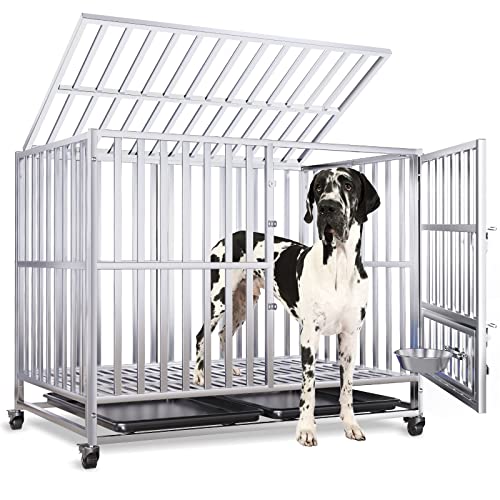 42 inch Heavy Duty Stainless Steel XL Dog Crates for Medium Large Dogs 150 lbs Max,Indestructible Escape Proof Dog Cage with Lockable Wheels and Removable Tray for High Anxiety Dog
