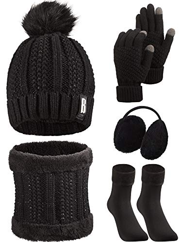 5 Packs Winter Warm Hat and Gloves Set Knitted Scarf Beanie Pompom Hat Winter Ear Warmer Ski Earmuffs Stocking for Women