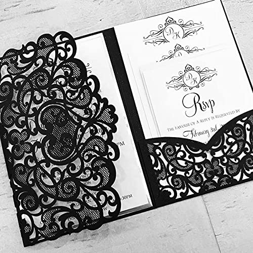 50 Sets Tri fold Love Hollow Laser cut Pocket Wedding Invite Invitation Card Jacket for Party Birthday Quinceañera Invite 4.92 by 7.28 inches (Black, Only Invitation cover)