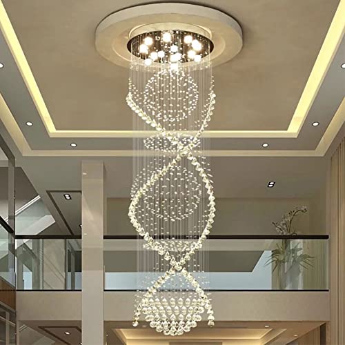 7PM Chandelier for Staircase, Luxury Large Foyer Chandelier, Modern Crystal Raindrop Chandeliers Flush Mount Ceiling Light Fixtures For Spiral Staircase, Foyer, Entryway, High Ceiling W25.6" X H 98.4"