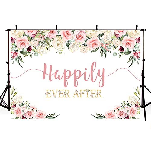 AIBIIN 7x5ft Happily Ever After Backdrop for Wedding Pink Rose Gold Flowers Photography Background Wedding Bridal Shower Party Decorations Banner Photo Booth Props