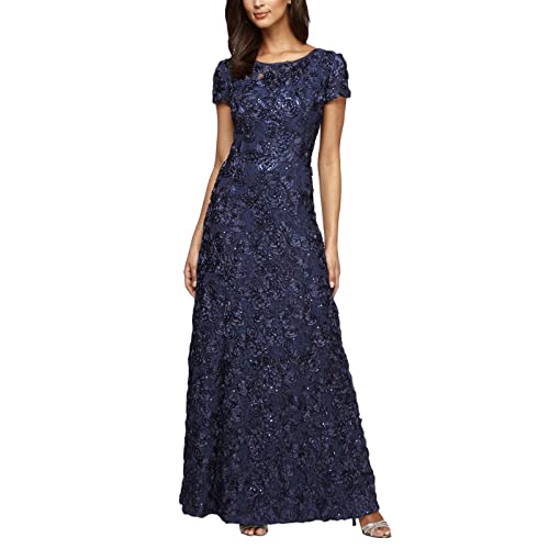 Alex Evenings Women's Long Rosette Lace Cap Sleeve Gown, Navy, 16