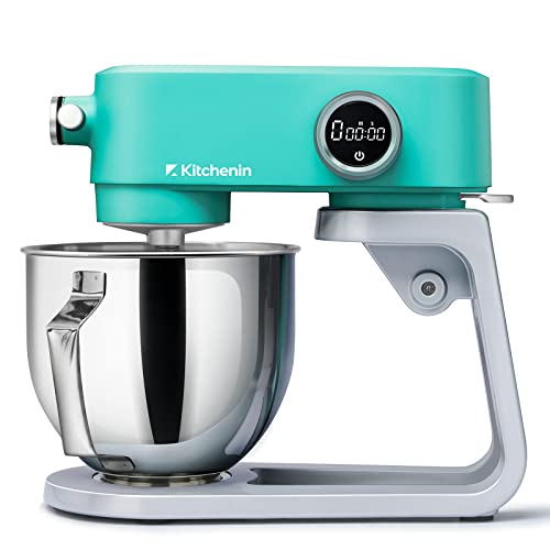 All Metal Stand Mixer,Kitchenin 5.3-Quart 8-Speeds Tilt-Head Food Mixer,400 Watt DC Motor Electric Stand Mixer with 12-Wire Whip,Flat Beater,Stainless Steel Dough Hook & Pouring Shield,Light Blue