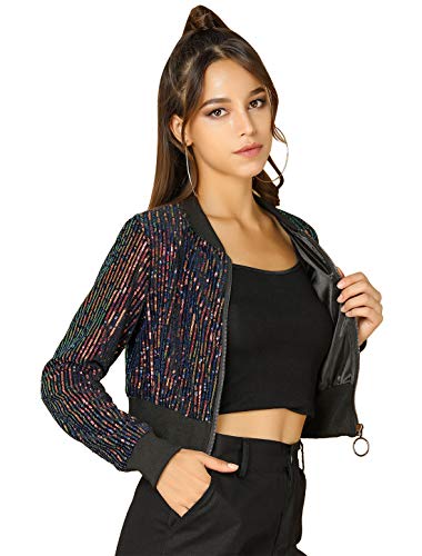 Allegra K Women's Sparkly Glitter Jackets Zipper Front Crop Bomber Sequin Jacket Small Black-Red