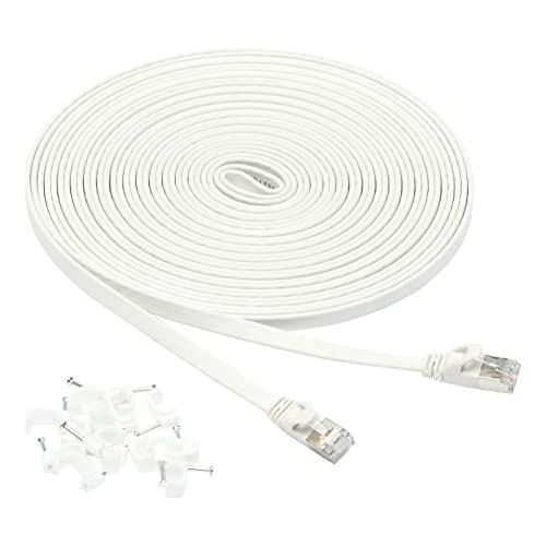 Amazon Basics Cat 7 Gigabit Ethernet Patch Internet Cable, Flat - 30FT, 1Pack, White - Include 15 Nails, Router