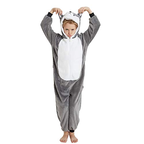 ANBOTA Kids Dog Costume Onesie for Halloween Boys Girls Husky Puppy Cosplay Fleece One Piece Pajama, Gray, 130