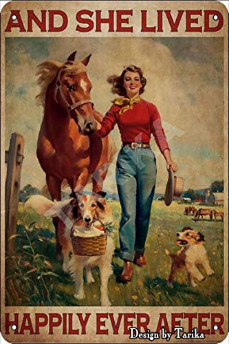 and She Lived Happily Ever After Farm Beauty Dog Horse Tin Vintage Look 8X12 Inch Decoration Art Sign for Home Kitchen Bathroom Farm Garden Garage Inspirational Quotes Wall Decor