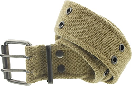 ARMYU Military Double Prong Canvas Belt, Heavy Duty Army Pistol Grommet Two Hole 1.75" (Khaki - Size Large)