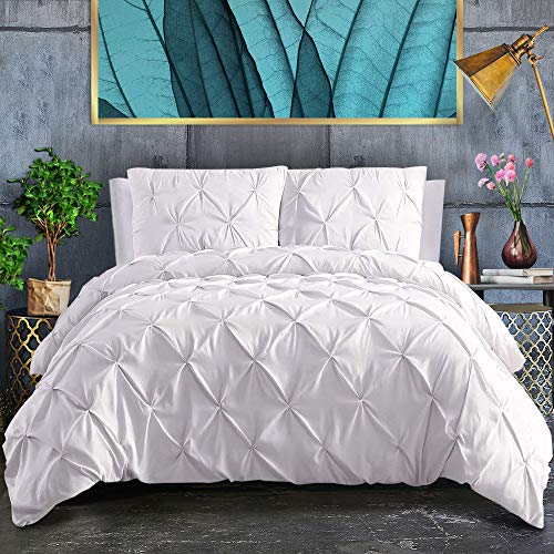 ASHLEYRIVER 3 Piece Luxurious Pinch Pleated Duvet Cover with Zipper & Corner Ties 100% 120 g Microfiber Pintuck Duvet Cover Set(Queen White)