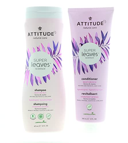 ATTITUDE Super Leaves Moisture Rich Shampoo & Conditioner Bundle With Quinoa, Vitamin B5, Jojoba, Indian Cress, Watercress & Jasmine, Guava, 16 + 8 Fl Oz, 2 Count