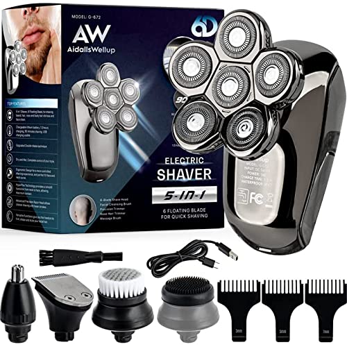 AW 6D Head Shavers for Bald Men, Anti-Pinch Electric Razor for Men, 5-in-1 Mens Grooming Kit with Nose Hair Trimmer, Beard Trimmer for Men, Waterproof and Rechargeable Electric Shavers for Men