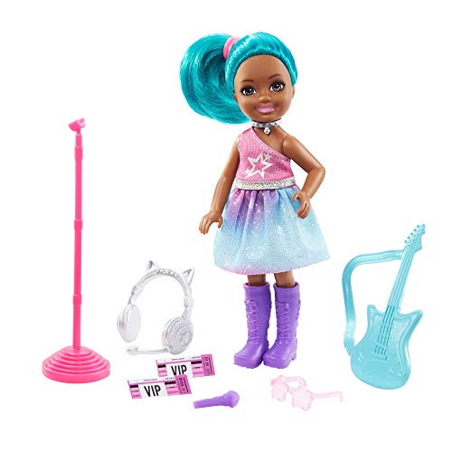 Barbie Chelsea Can Be Playset with Brunette Chelsea Rockstar Doll (6-in), Guitar, Microphone, Headphones, 2 VIP Tickets, Star-Shaped Glasses, Great Gift for Ages 3 Years Old & Up