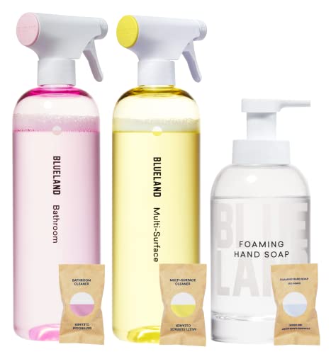 BLUELAND Clean Home Kit (3 Reusable Bottles + 3 Tablet Refills) Natural All Purpose Cleaner for Kitchen and Counters, Bathroom Cleaner for Shower and Sink, and Foaming Hand Soap