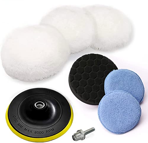 BOKA 6 Inch Wool Buffing Polishing Pad Kit, 8 Pcs Thicker Buffing Wheel for Drill, Car Buffer Attachment with M14 Drill Adapter, 3 × Wool Buffing pad 6", 1 × Sponge polishing pad, 2 × Wax applicator