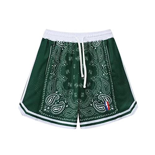 BOOMLEMON Men's Basketball Shorts Workout Athletic Paisley Shorts Mesh Print Running Short Pants(Green XS)