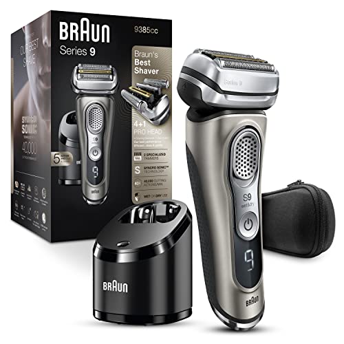 Braun Electric Razor for Men, Waterproof Foil Shaver, Series 9 9385cc, Wet & Dry Shave, With Pop-Up Beard Trimmer for Grooming, Clean & Charge SmartCare Center and Leather Travel Case, Black