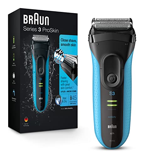 Braun Electric Series 3 Razor with Precision Trimmer, Rechargeable, Wet & Dry Foil Shaver for Men, Blue/Black, 4 Piece