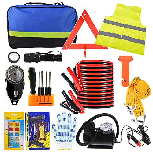 Car Emergency Kit, Roadside Assistance Auto Emergency Kit, 14-piece Tool Set Car Safety Kit with Jumper Cables, Tire Pressure, Tow Trap for Travel Camping Adventure for your Truck, Car, SUV (1)